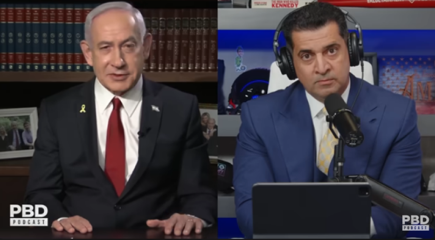Israeli PM Benjamin Netanyahu (left) and podcaster Patrick Bet-David during a Aug. 26, 2025 episode of the PBD Podcast.