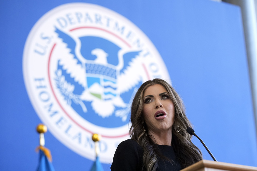 Homeland Security Secretary Kristi Noem delivers remarks to staff at the Department of Homeland Security headquarters on Jan. 28, 2025, in Washington, D.C. The former South Dakota governor will oversee immigration, counterterrorism and FEMA.