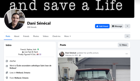 A screenshot of a Facebook profile with Senecal’s name in which the user identifies as “Dani” and has the transgender and rainbow flag emojis along with the pronouns “she/her” in the page’s profile section.