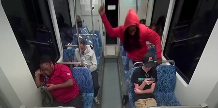 Security camera footage shows DeCarlos Brown Jr. about to murder Ukrainian refugee Iryna Tanutska on a light rail train in Charlotte, North Carolina, Aug. 22, 2025. 