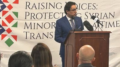 Morhaf Ibrahim, president of the Alawites Association of the United States, speaks about violence against Syria's religious minorities during a press conference on Capitol Hill in Washington, D.C., on Sept. 10, 2025.