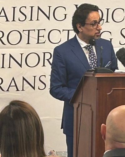Morhaf Ibrahim, president of the Alawites Association of the United States, speaks about violence against Syria's religious minorities during a press conference on Capitol Hill in Washington, D.C., on Sept. 10, 2025.