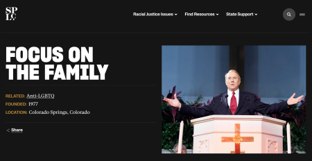A screenshot of the SPLC website describing Christian conservative group Focus on the Family as a hate group.