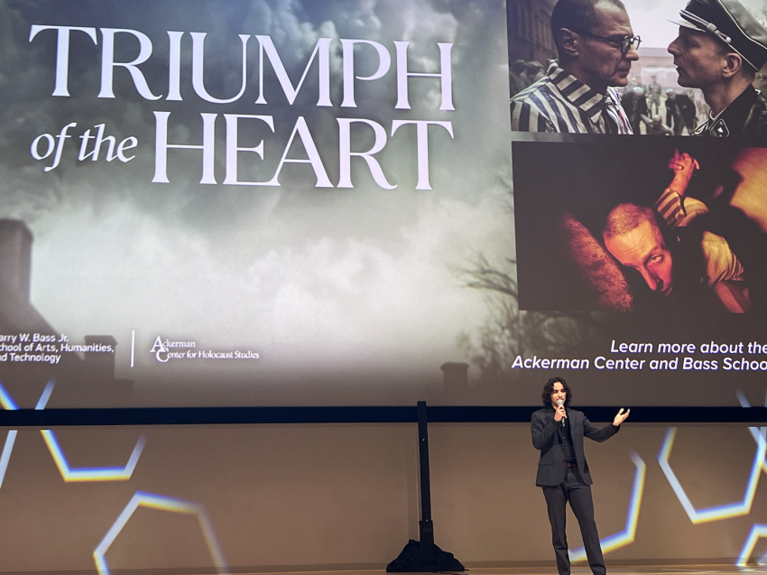Michael Iskander speaks at the premiere of "Triumph of the Heart"