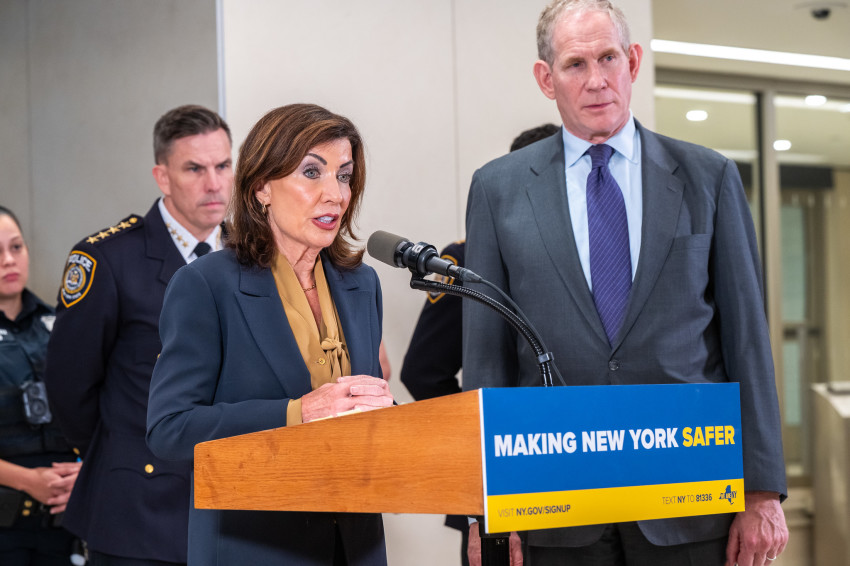 New York Governor Kathy Hochul makes a public safety announcement in New York City on September 10, 2025. 