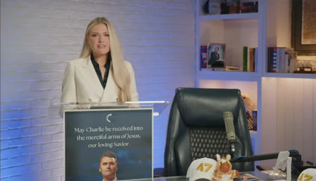 Erika Kirk addresses the nation from her husband Charlie's studio two days after he was assassinated at a college campus in Utah in a targeted attack on Sept. 12, 2025. 
