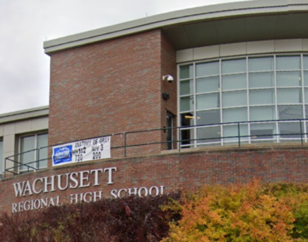 A sign welcomes students to Wachusett Regional High School in Holden, Massachusetts. 