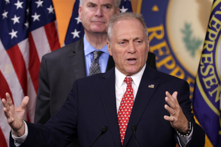 U.S. House Majority Leader Rep. Steve Scalise, R-La., speaks as House Majority Whip Rep. Tom Emmer, R-Minn., listens during a news conference at the U.S. Capitol on July 22, 2025, in Washington, D.C.