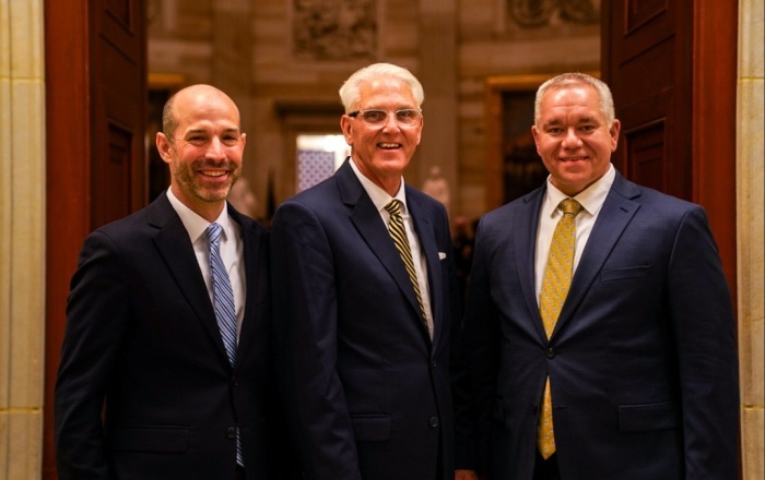 Members of the Southern Baptist Convention's Ethics & Religious Liberty Commission at a gathering held in September 2025. From left to right: Miles Mullin, ERLC executive vice president and chief of staff; Gary Hollingsworth, ERLC interim president; and Scott Foshie, chairman of the ERLC board of trustees.