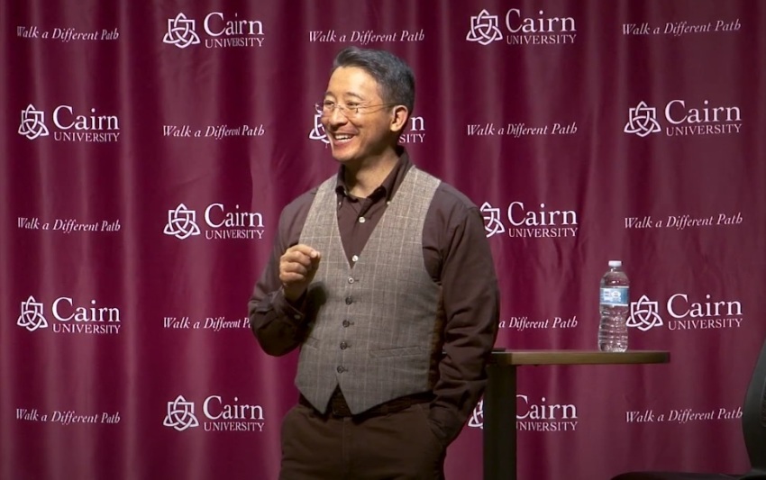 Theologian and author Christopher Yuan speaking at Cairn University in 2019. 