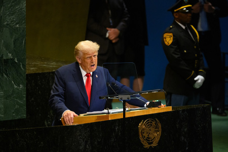 U.S. President Donald Trump speaks to the 80th session of the U.N.’s General Assembly (UNGA) at U.N. headquarters on Sept. 23, 2025, in New York City. This year’s theme for the annual global meeting is: “Better together: 80 years and more for peace, development and human rights.” Gaza and Ukraine are just two of the global emergencies that world leaders will look to address. 