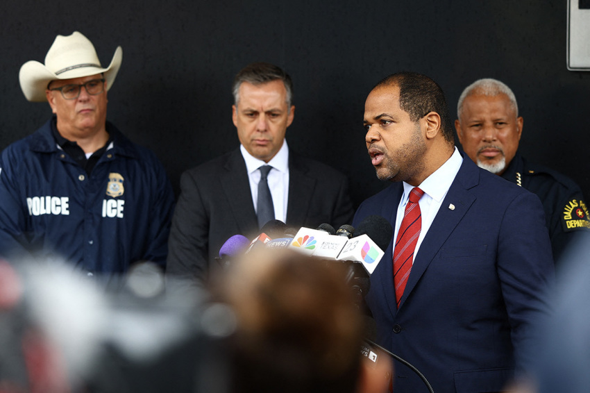 Mayor of Dallas Eric Johnson (2nd-R) speaks during a press conference following a shooting at a U.S. Immigration and Customs Enforcement (ICE) detention facility in Dallas, Texas, on Sept. 24, 2025. Two people were killed, including the shooter who killed himself, and two wounded.