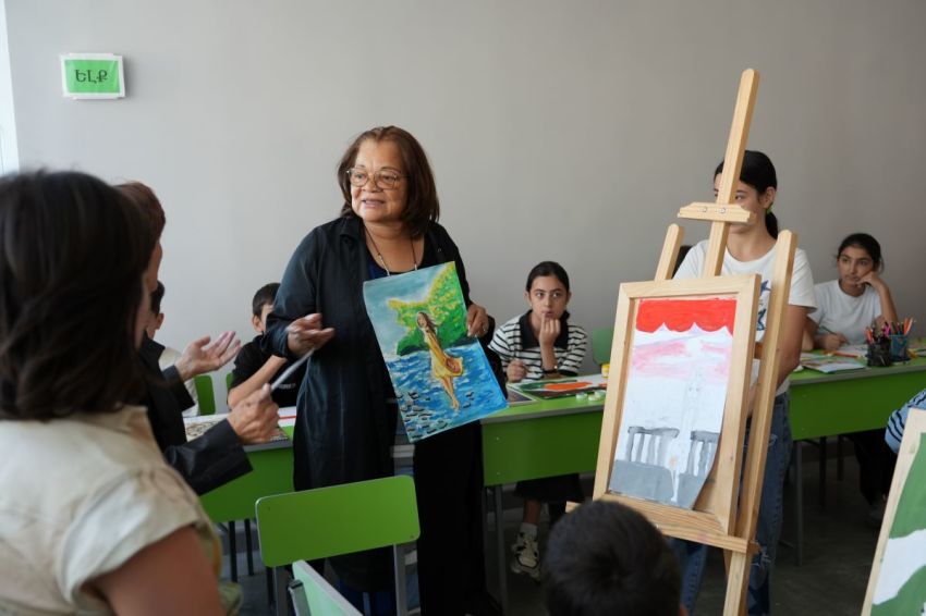 With the help of a translator, Alveda King (middle) speaks with children at the Community and Family nonprofit therapy center in Metsamor, Armenia, on Sept. 25, 2025. 