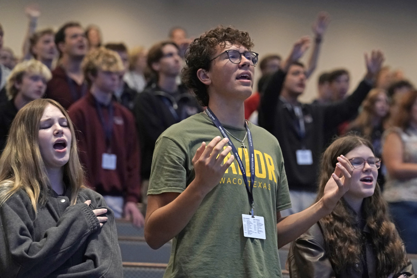 Students gather to worship during the 2025 Prestonwood Biblical Worldview Conference in Plano, Texas.