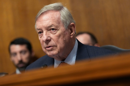 Senate Judiciary Committee Ranking Member Richard Durbin, D-Ill., speaks during a hearing on pharmacy benefit managers in the Dirksen Senate Office Building on May 13, 2025, in Washington, D.C. The committee met to examine pharmacy benefit managers and competition issues in the prescription drug supply chain.