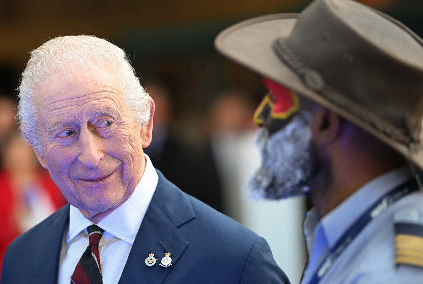 King Charles III talks with Pilot Joseph Tua in the hanger at RAF Northolt as he celebrates the 80th anniversary of Mission Aviation Fellowship (MAF) the humanitarian air operator, which flies to 14,000 remote destinations offering support to isolated communities on April 3, 2025, in Ruislip, England. His Majesty will unveil the charity's new Cessna 208 Caravan aircraft that will deliver aid to remote regions in Papua New Guinea and will also meet members of the Papua New Guinea community in celebration of their 50th anniversary of Independence. 