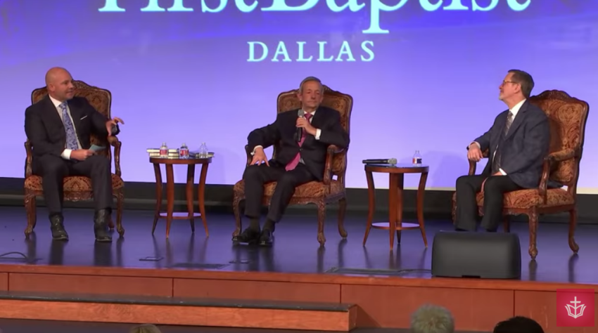 A screenshot of First Baptist Dallas' Ben Lovvorn and Robert Jeffress with author Lee Strobel at