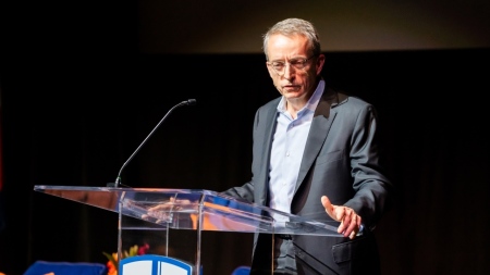 Pat Gelsinger, former Intel CEO who now serves as executive chair and head of technology at Gloo, delivers the keynote address at "AI for Humanity: Navigating Ethics and Morality for a Flourishing Future" at Colorado Christian University in Lakewood, Colorado, on Oct. 7, 2025.
