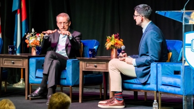 Former Intel CEO Pat Gelsinger, left, speaks with moderator Brandon Showalter at "AI for Humanity: Navigating Ethics and Morality for a Flourishing Future" at Colorado Christian University in Lakewood, Colorado, on Oct. 7, 2025.