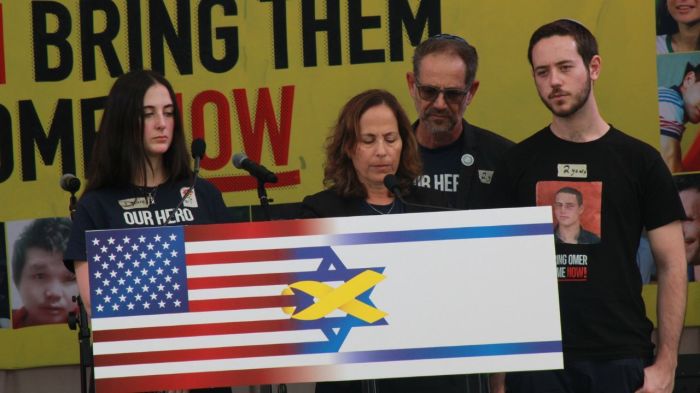 The family of Omer Neutra, an Israeli-American citizen whose body is being held hostage in Gaza, speak at the "Sukkah of Hope" hosted by the John F. Kennedy Center for the Performing Arts in Washington, D.C., on Oct. 7, 2025. 