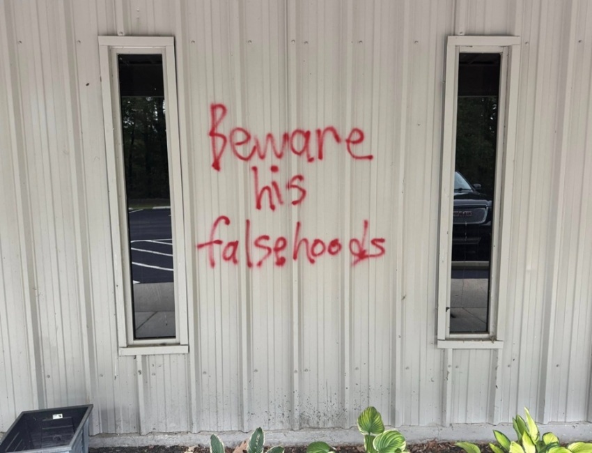 Vandalism that took place at Movement Church of Madison, Alabama, sometime between Oct. 7, 2025 and Oct. 8, 2025.