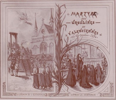 An 1804 illustration commemorating the 11 Ursuline sisters who were martyred during the French Revolution in October 1794. Also known as the Martyrs of Valenciennes. 