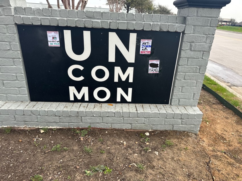 Anti-Israel stickers and other messages were found on the sign in front of Uncommon Church in March 2024.