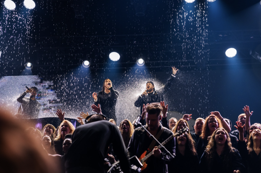 Jelly Roll and Brandon Lake perform at the GMA Dove Awards in Nashville, Tennessee.