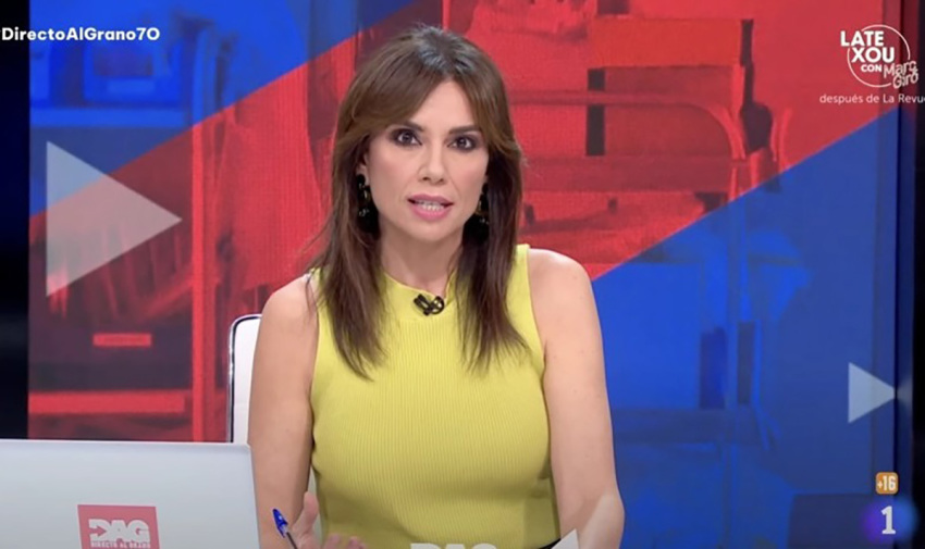 Screenshot from RTVE’s program “Directo al Grano,” presented by Marta Flich, whose Sept. 22, 2025, segment on Evangelical churches prompted public complaints and an official apology from the broadcaster. 