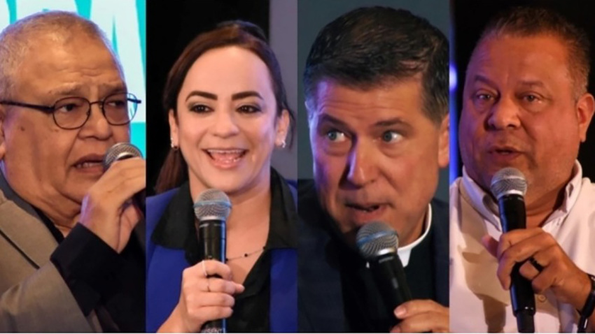 Melvin Rivera, Tayhana García, Father Alberto Cutié and Ray Cruz together at the Media Music Marketing Summit in Miami, Florida. The communicators shared their testimonies and vision on the purpose and mission of communication rooted in Christian principles.