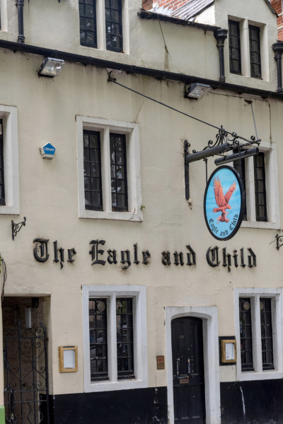 The Eagle and Child Pub, an iconic pub that was frequented by writers such as J.R.R. Tolkein, C.S. Lewis and a literary group known as the Inklings in St. Giles, Oxford, England, July 25, 2023.
