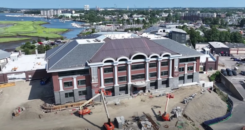 Construction on the new public safety building for Quincy, Massachusetts, as seen in an August 2025 video.