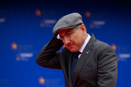 Armenian Prime Minister Nikol Pashinyan arrives at the 6th European Political Community summit on May 16, 2025 at Skanderbeg Square in Tirana, Albania.