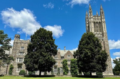 The Princeton University Graduate College in Princeton, New Jersey. The Pyne Tower is on the left, and the Cleveland Tower is on the right.