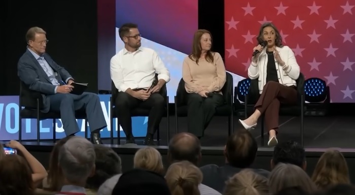 Author Katy Faust (R) speaks during a panel session at the Family Research Council's Pray, Vote, Stand Summit in Chino Hills, California, on Oct. 17, 2025. From left to right: Tony Perkins, Mike Winger, Natasha Crain and Faust.