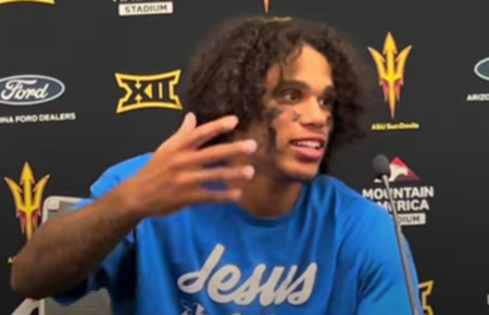 Arizona State University football player Jordyn Tyson speaks at a press conference following his team's victory against Texas Tech University on Oct. 18, 2025.