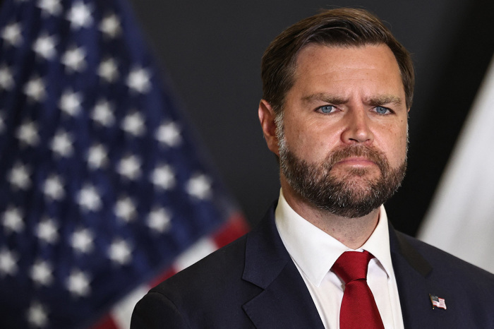 U.S. Vice President JD Vance looks on during a press conference following a military briefing at the Civilian Military Coordination Center in southern Israel on Oct. 21, 2025. Vance is expected to meet top U.S. Middle East envoys and military experts monitoring the fragile U.S.-brokered ceasefire in Gaza. According to Israeli media reports, he will also meet Israeli leaders, including the Israeli prime minister on Oct. 22 in Jerusalem.