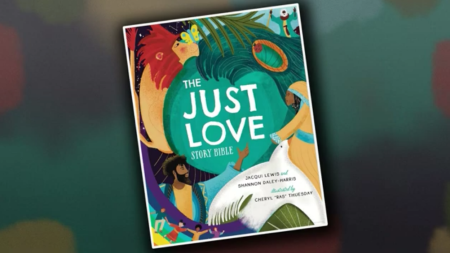 A screenshot of the cover for "The Just Love Story Bible" from Beaming Books.