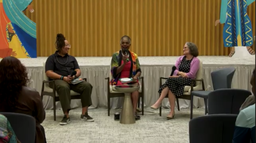 Cheryl "Ras" Thuesday (left) Rev. Dr. Jacqui Lewis and Rev. Dr. Shannon Daley-Harris discuss "The Just Love Story Bible" at a September event in New York.
