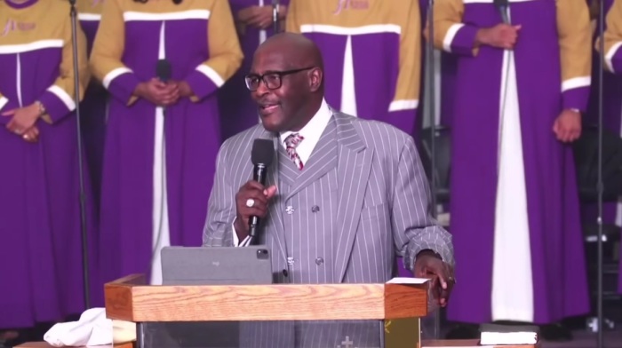 Pastor and Grammy-winning Gospel singer Marvin Winans speaks at a service held at Perfecting Church of Detroit, Michigan, on Sunday, Oct. 19, 2025.