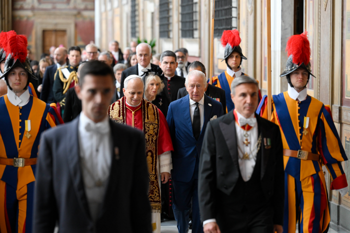 Pope Leo XVI walks with King Charles III and Queen Camilla the Apostolic Palace on October 23, 2025 in Vatican City, Vatican. During this historic State Visit, King Charles III and Queen Camilla will meet Pope Leo XIV for the first time since he was elected in May 2025.