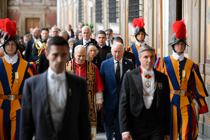 Pope Leo XVI walks with King Charles III and Queen Camilla the Apostolic Palace on Oct. 23, 2025, in Vatican City, Vatican. During this historic state visit, King Charles III and Queen Camilla will meet Pope Leo XIV for the first time since he was elected in May 2025. 