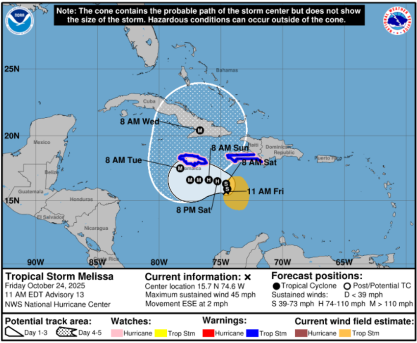 The projected path of Tropical Storm Melissa, as of Friday morning Oct. 24, 2025, is shown in this graphic shared by the National Hurricane Center.