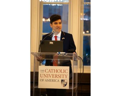Catholic University of America student and SSI President Felipe Avila speaks during an event at the university in Washington, D.C., on Oct. 20, 2025, featuring testimonies from IDF soldiers Ron Feingold and Chanoch Berman.