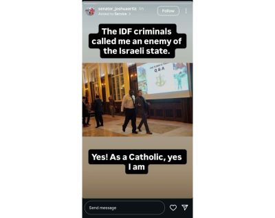 Catholic University of America student Joshua Ortiz is removed from an event on campus on Oct. 20, 2025, after shouting down IDF soldiers hosted by Students Supporting Israel. The photo was taken from one of Ortiz's Instagram stories.