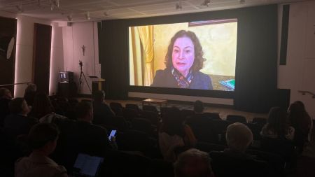 Author Mary Eberstadt appears virtually at the 60th anniversary celebration of Nostra Aetate in Washington, D.C., on Oct. 28, 2025.