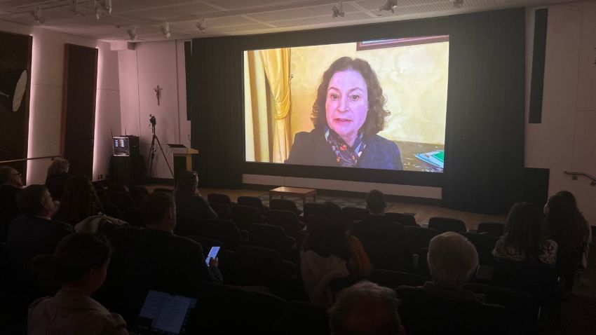 Author Mary Eberstadt appears virtually at the 60th anniversary celebration of Nostra Aetate in Washington, D.C., on Oct. 28, 2025.