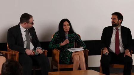 Organizational culture expert Yael Freimann (C) speaks during a panel discussion at the St. John Paul II National Shrine in Washington, D.C., on Oct. 28, 2025. Rabbi Joshua Stanton (R) was also part of the discussion, which was moderated by The Philos Project's strategic advisor, Phillip Dolitsky (L). 