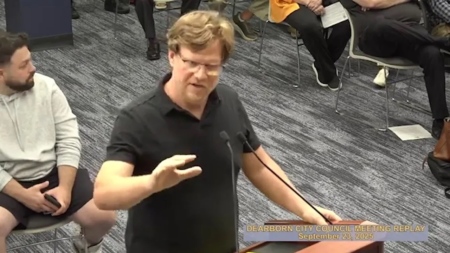 Ted Barham, above, speaks during a Sept. 23 city council meeting in Dearborn, Michigan.