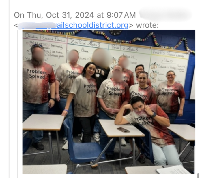 A screenshot of a social media post dated Oct. 31, 2024 from the Vail school district showing teachers and other staff wearing the controversial shirts over a year before Kirk's shooting.